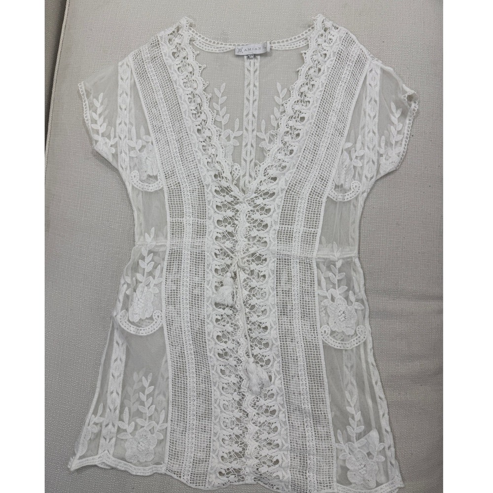 Amiani Lace Cover Up Womens Medium Boho Floral Tassel Trim White Excellent